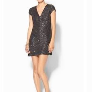 NWT Karina Grimaldi Beaded Metallic Grey and Silver Mini Evening Dress